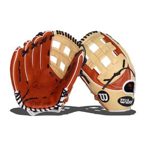 Two-shot of brown and tan baseball gloves with A2K and Wilson branding.