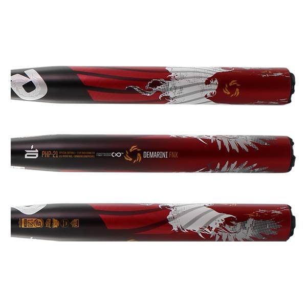 Side view of a red and black DeMarini FNX bat with a white eagle graphic and PHP-21 text.