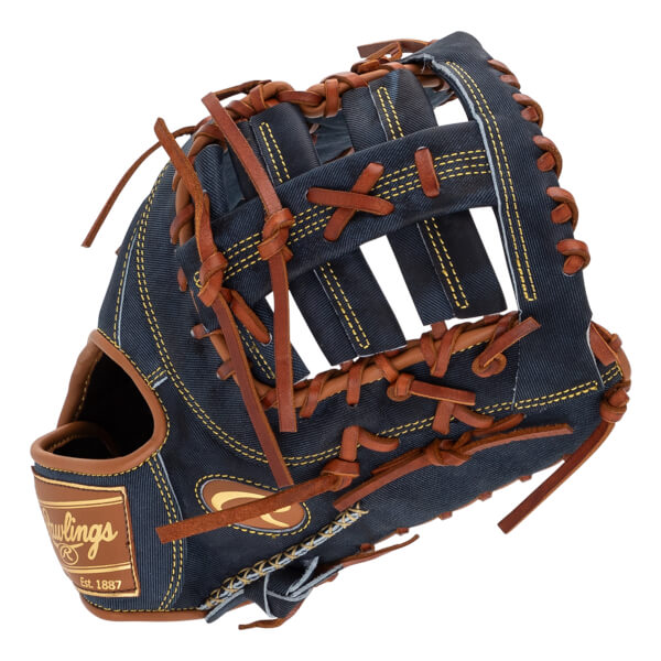Front view of a dark blue baseball glove with brown lacing and a Rawlings Est. 1887 logo.