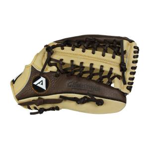 Side view of a brown and tan baseball glove with a white A logo and stitched Akadema Pro Series text.
