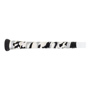 Side view of a baseball bat with a black end cap and a white, black, and gray camouflage grip.