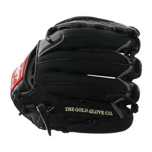 Side view of a black baseball glove with white stitching and THE GOLD GLOVE CO. text.