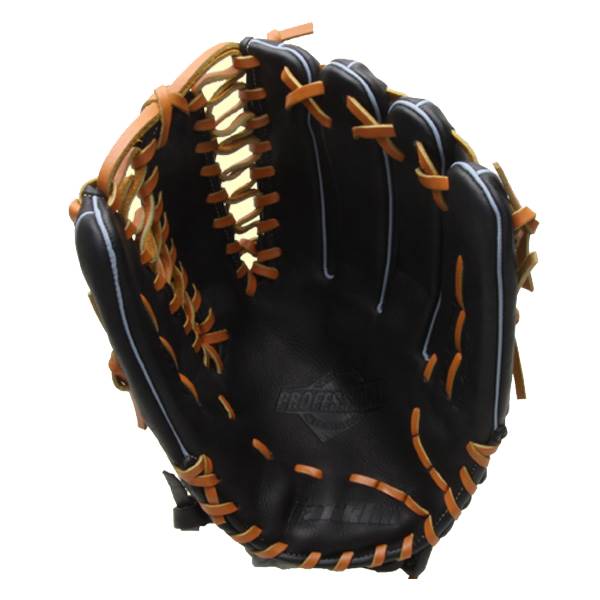 Interior view of a black baseball glove with tan lacing and PROFESSIONAL embossed on the palm.