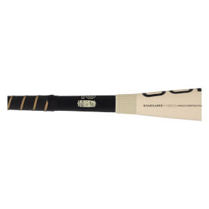 Side close-up of a black and cream baseball bat with a black grip featuring gold perforations, a gold Warstic logo, and BONESABER HYBRID text.