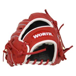 Front view of a red baseball glove with white trim and WORTH logo.