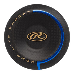 Top-down view of a black baseball bat endcap with gold Rawlings logo and blue accents.