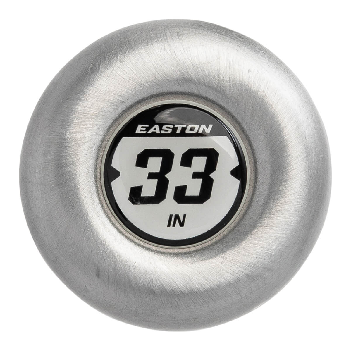 End view of a silver baseball bat with an Easton logo and 33 IN marking.