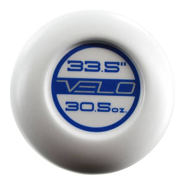 End view of a white baseball bat with blue VELO branding, 33.5 length, and 30.5 oz weight.