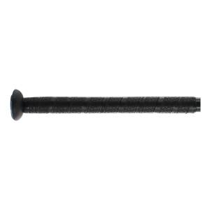 Side view of a black baseball bat with a textured grip and blue end cap.