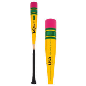 Full view and close-up of a yellow Victus USA Baseball bat designed like a pencil, with a pink eraser and green bands.