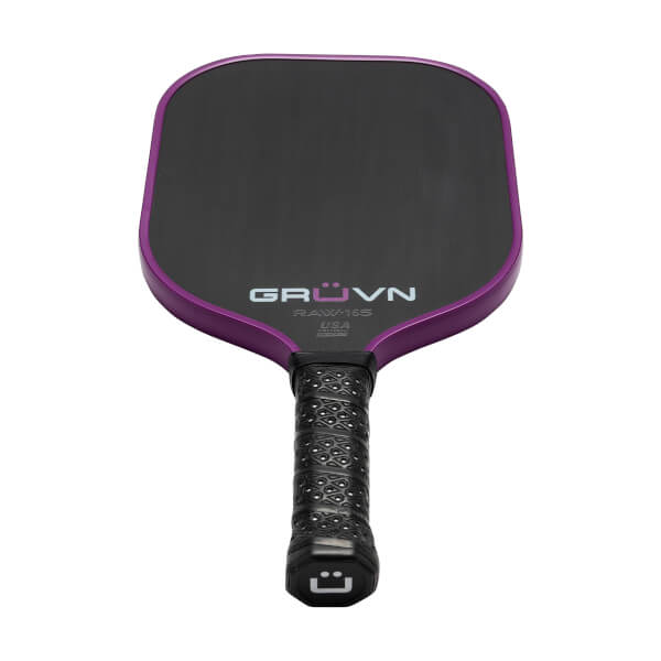 Front view of a purple pickleball paddle with GRUVN RAW-16S USA branding and a textured grip.