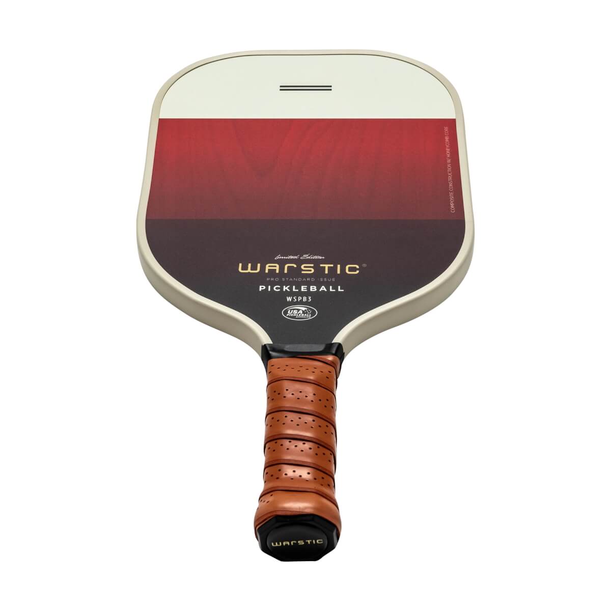 Front view of a cream and red pickleball paddle with Warstic branding and a brown grip.