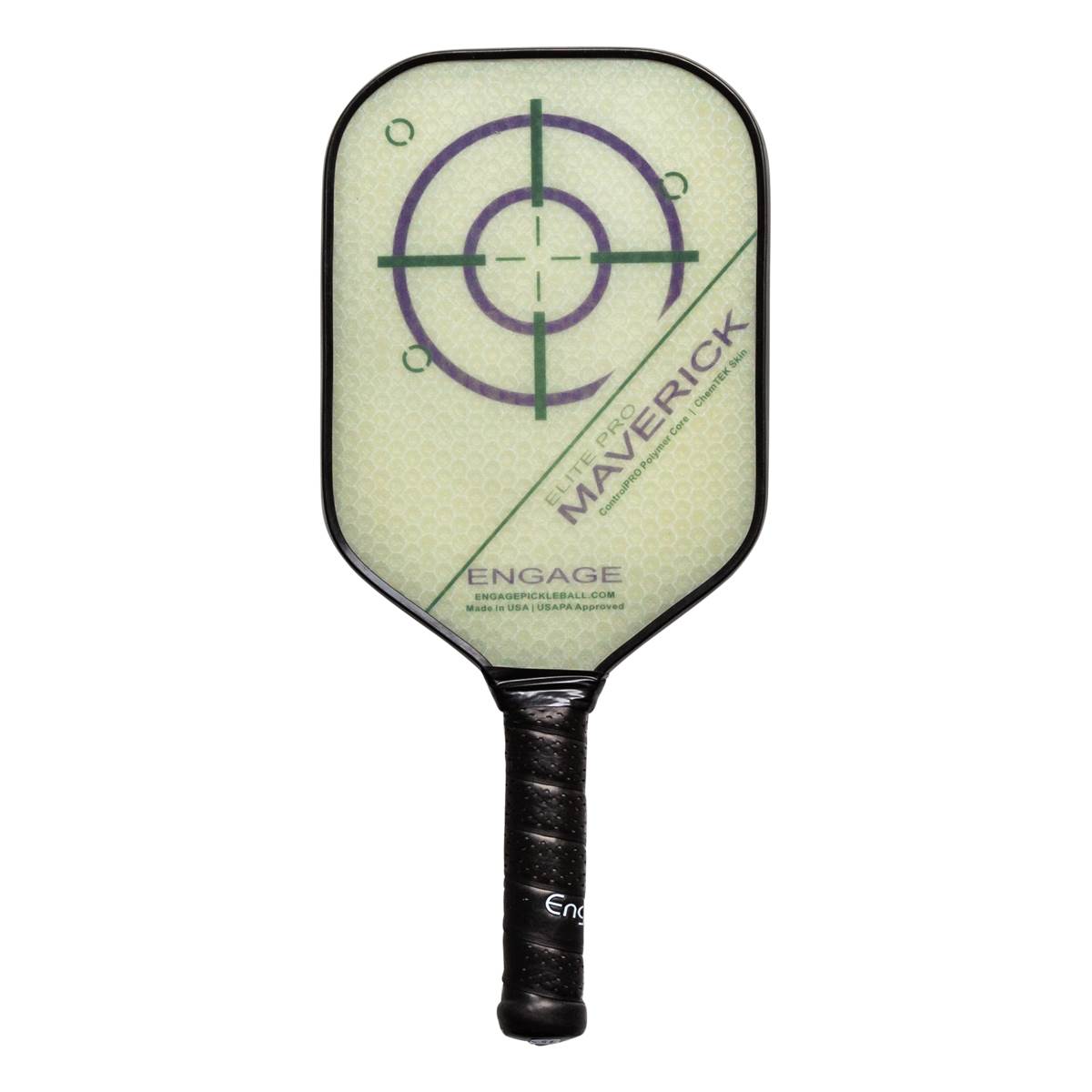 Front view of a light green pickleball paddle with a target design, Maverick text, and a black grip.