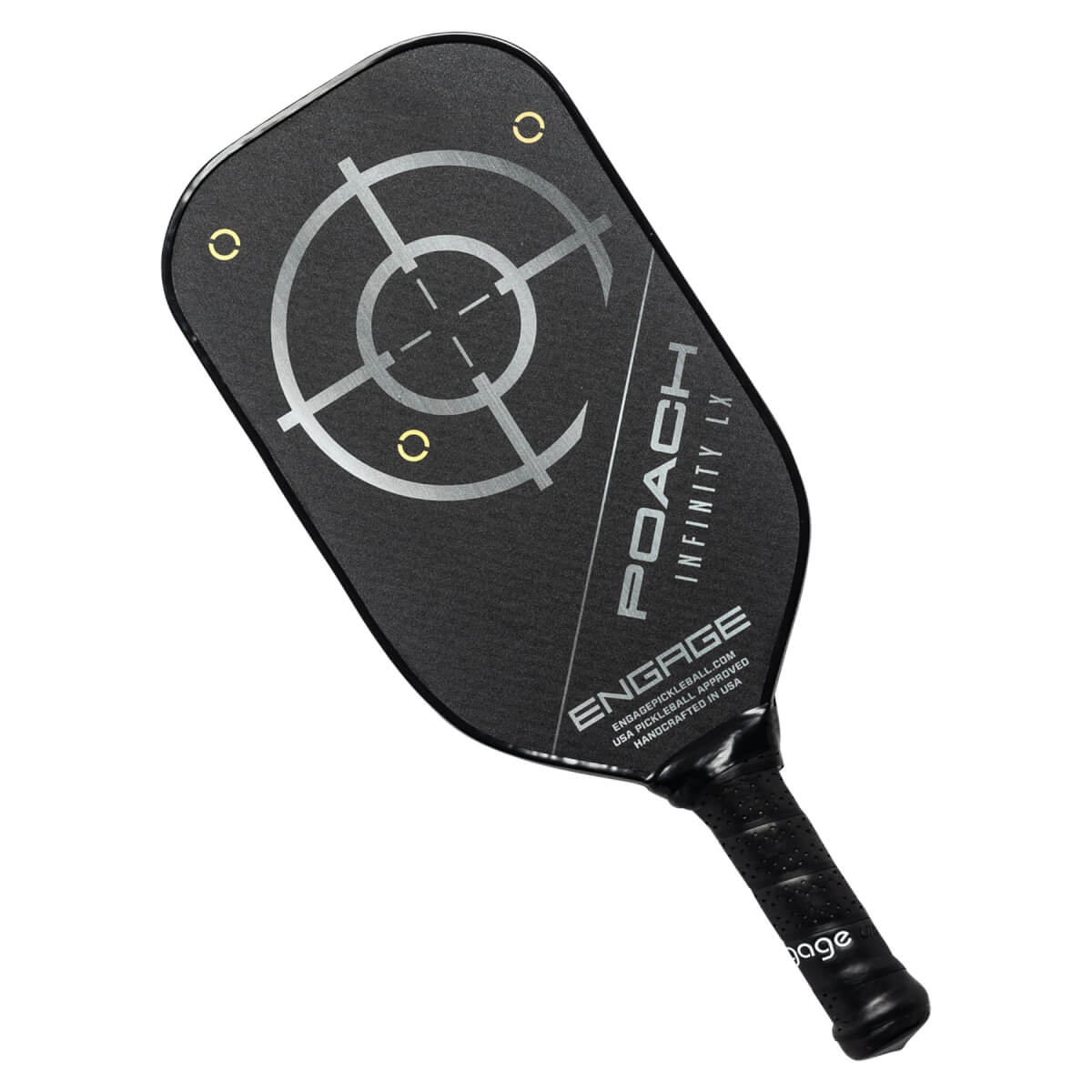 Top-down view of a black pickleball paddle with a target design and POACH INFINITY LX text.