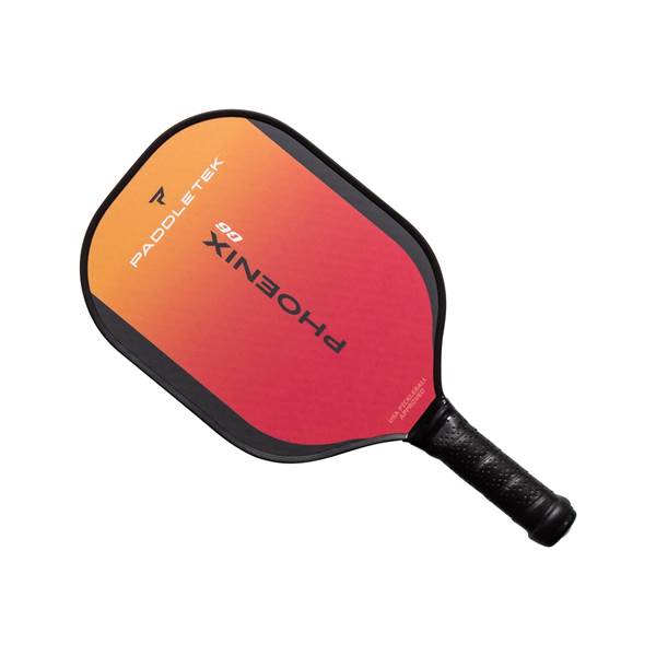 Top-down view of a red and orange pickleball paddle with PADDLETEK and PHOENIX G6 text.