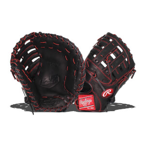 Front view of black Rawlings R9 Series youth first base mitt with red stitching and R9 Series logo.