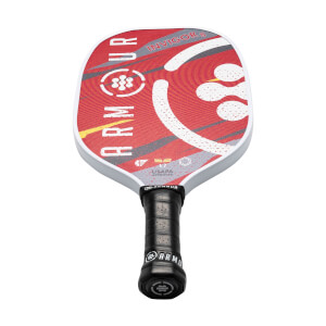 Front view of a red pickleball paddle with ARMOUR INVIGOR8 text and a white circular logo.