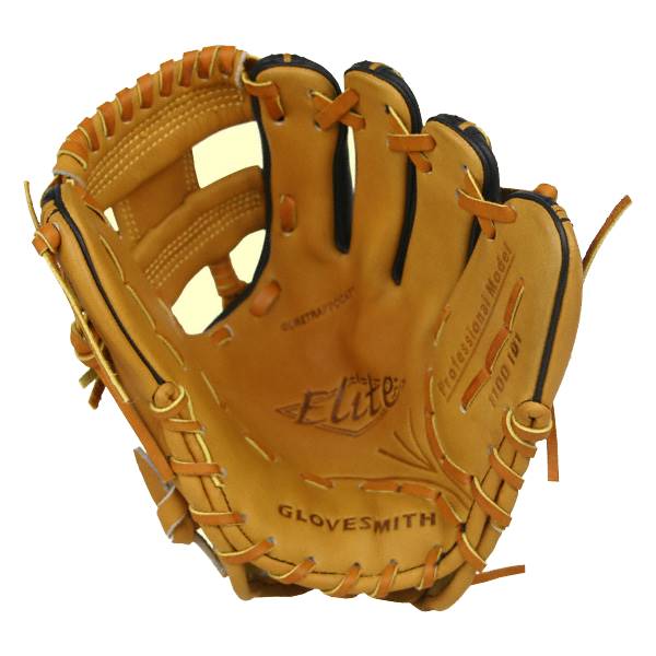 Front view of a tan baseball glove with Elite and GLOVESMITH branding.