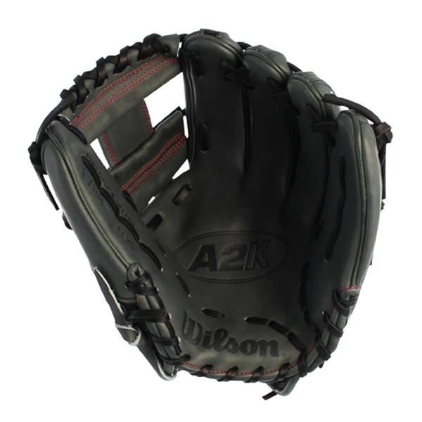 Interior view of a black Wilson A2K baseball glove with red stitching and embossed logos.