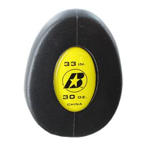 End view of a black baseball bat with a yellow oval label showing 33 in., 30 oz., CHINA, and a black B logo.