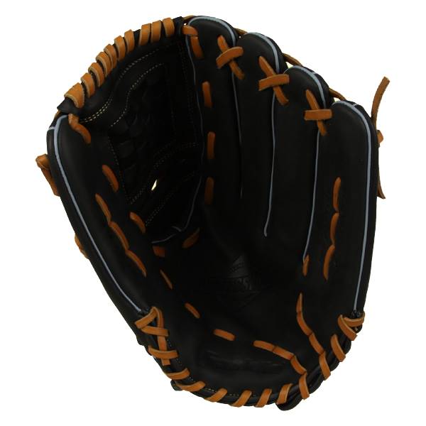 Top-down view of a black baseball glove with tan lacing and white piping.