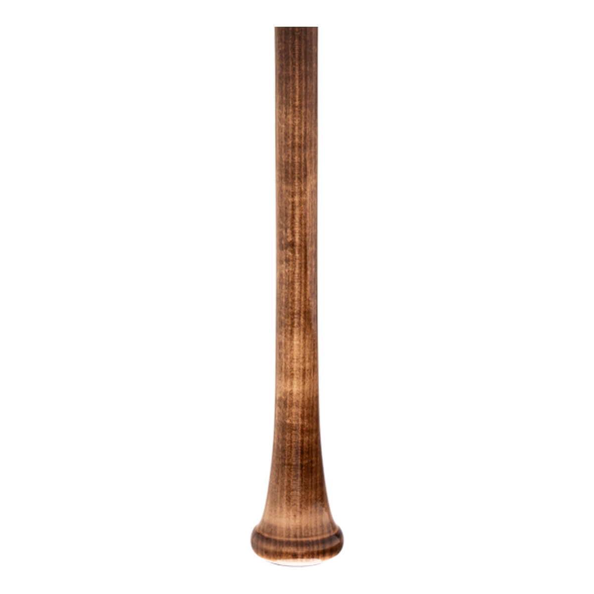 Close-up of a brown baseball bat handle with a flared taper, rounded knob, and visible wood grain.