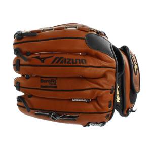Side view of a brown baseball glove with Mizuno branding and SureFit foam detail.