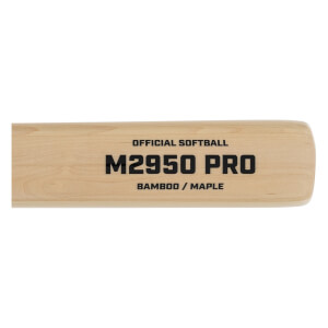 Close-up of a light brown wood softball bat barrel with OFFICIAL SOFTBALL M2950 PRO BAMBOO / MAPLE text.
