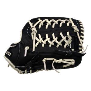 Side view of a black baseball glove with white lacing and Mizuno text.