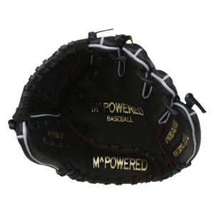 Interior view of a black baseball glove with gold M^POWERED branding and white lacing.