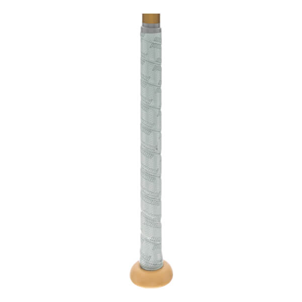 Close-up of a white bat grip with repeating Marucci branding and a tan knob.