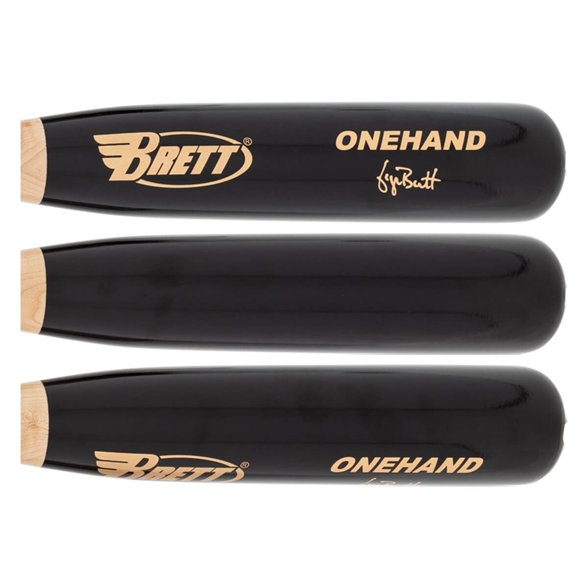 Top-down view of three black training bats with gold Brett and ONEHAND branding.