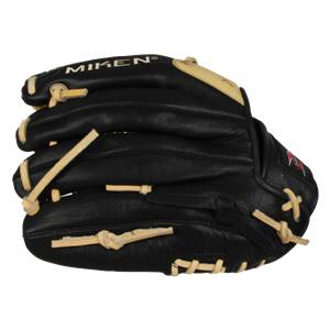 Side view of a black baseball glove with tan lacing and MIKEN branding.