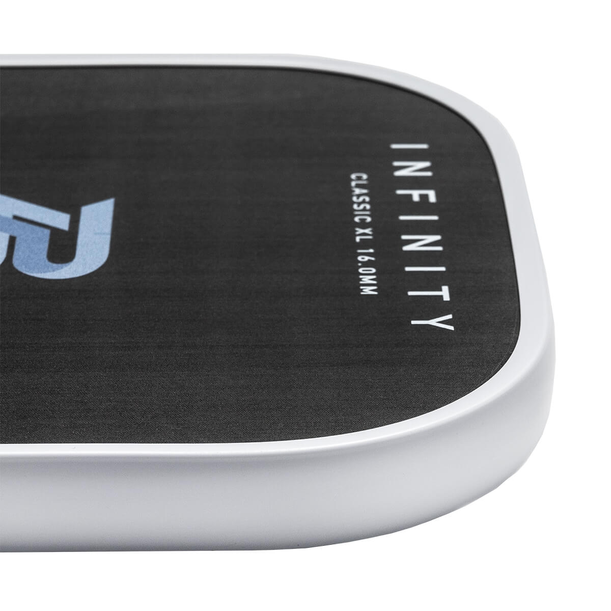 Corner view of a black pickleball paddle with white edge, INFINITY text, and CLASSIC XL 16.0MM text.