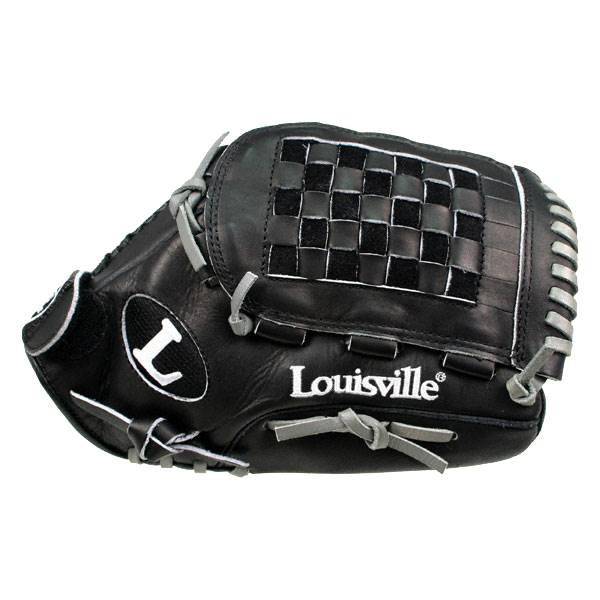Front view of a black Louisville Slugger fastpitch glove with a checkered web and white L logo.