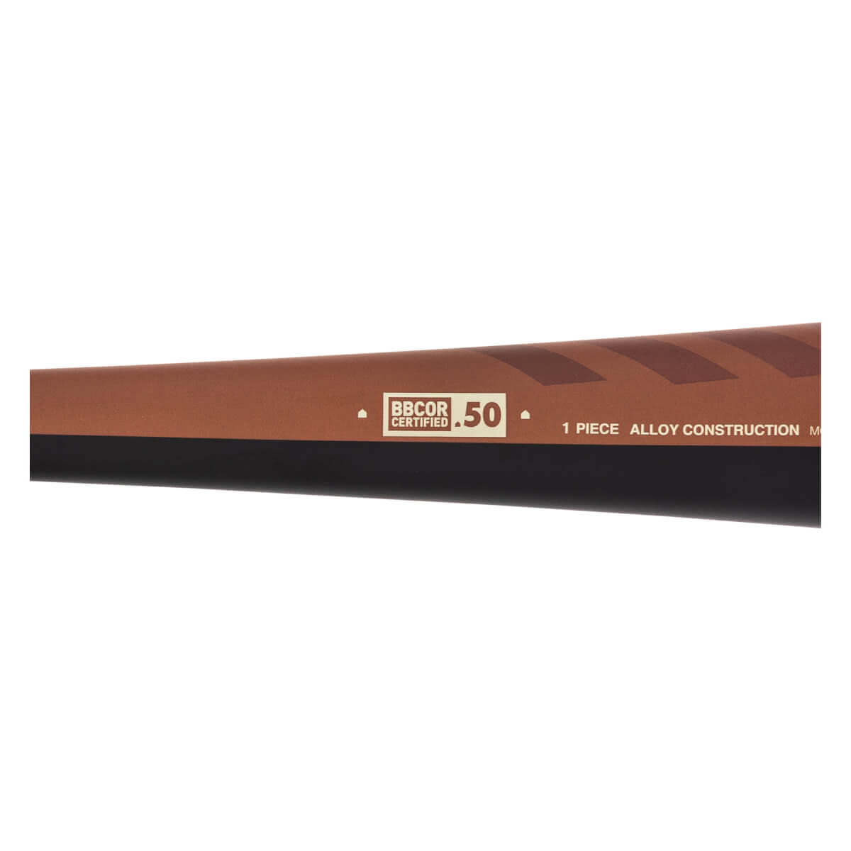 Close-up of the bronze and black baseball bat barrel displaying the BBCOR CERTIFIED .50 stamp and 1 PIECE ALLOY CONSTRUCTION text.