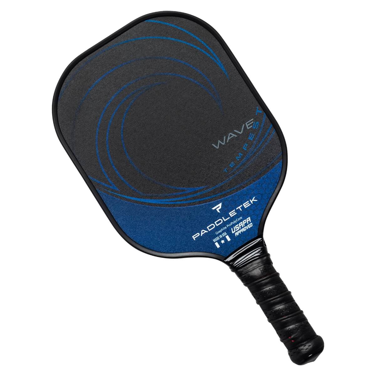 Top-down view of a black pickleball paddle with blue wave design and Paddletek branding.