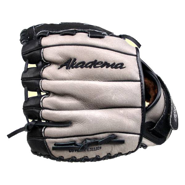 Front view of a gray and black baseball glove with Akadema embroidered and patent number visible.