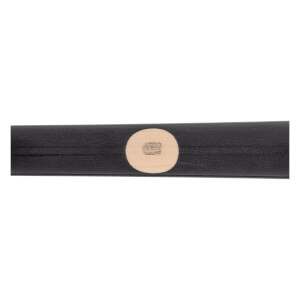 Side view of a black baseball bat with a circular wood grain detail.