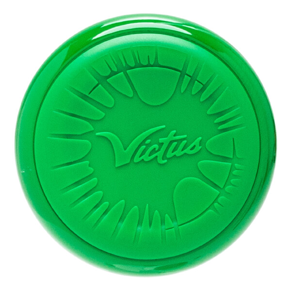 Top-down view of a green baseball bat end cap with embossed Victus logo and sunburst design.