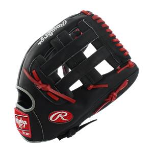 Side view of a black baseball glove with red stitching and a Rawlings logo.