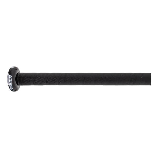 Close-up of a black softball bat with a textured grip and PROVEN on the end cap.