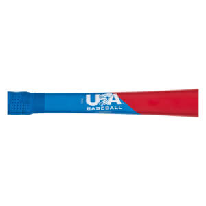 Close-up of the blue handle and red barrel featuring the white USA Baseball logo and text "USA BASEBALL" and "EUS4REF12" on the blue section.