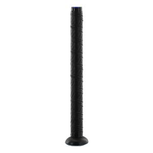 Close-up of a black baseball bat grip with a textured pattern and blue end cap.