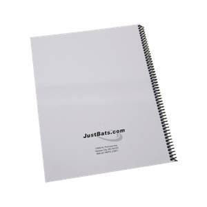 Back view of a white spiral-bound notebook with JustBats.com logo and address.