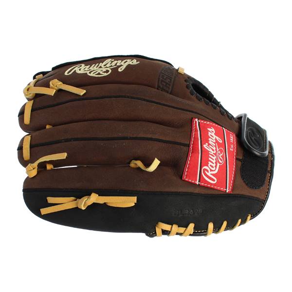 Top-down view of a brown baseball glove with tan lacing and a red Rawlings logo patch.