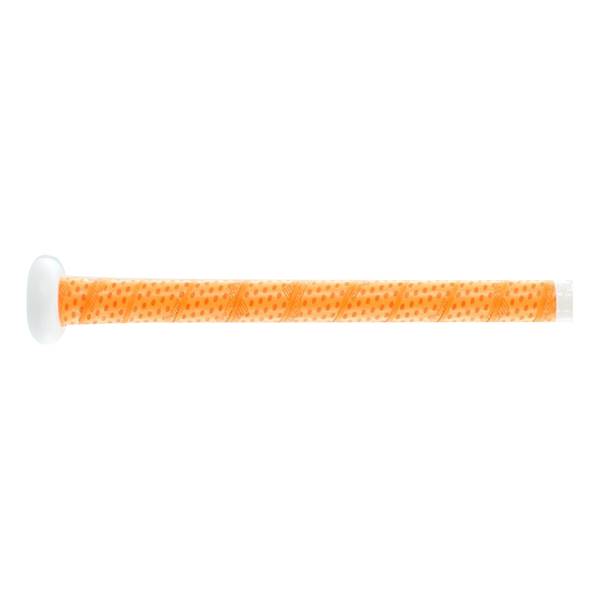 Side view of an orange fastpitch softball bat with a white end cap and textured grip.