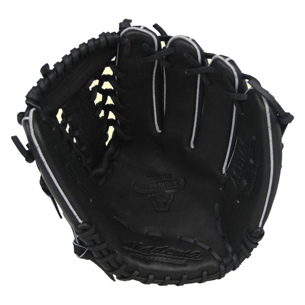 Top-down view of a black baseball glove with white stitching and a bull logo.