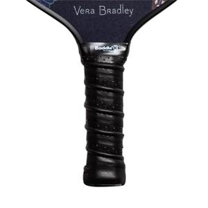 Close-up of a black pickleball paddle grip with Baddle logo and Vera Bradley text.