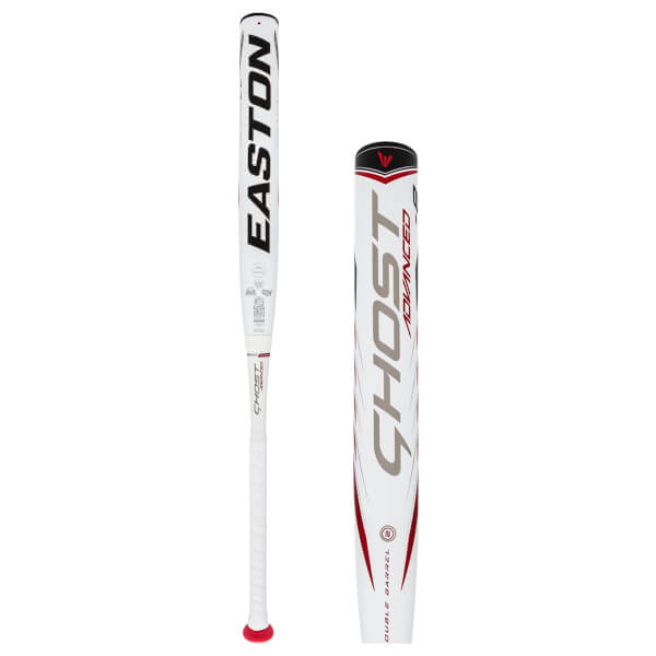 Side view of a white Easton Ghost Advanced fastpitch softball bat with red and grey accents.
